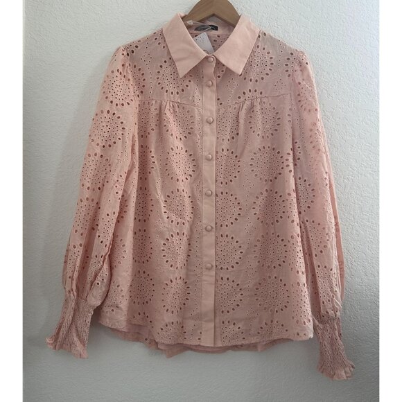 PrettyGarden Blouse‎ Womens XL Peachy Pink Eyelet Button Down L/S Boho Cottage - Picture 6 of 12